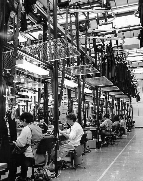General view showing workers at the Laura Ashley textiles factory in Carno, Powys, Wales
