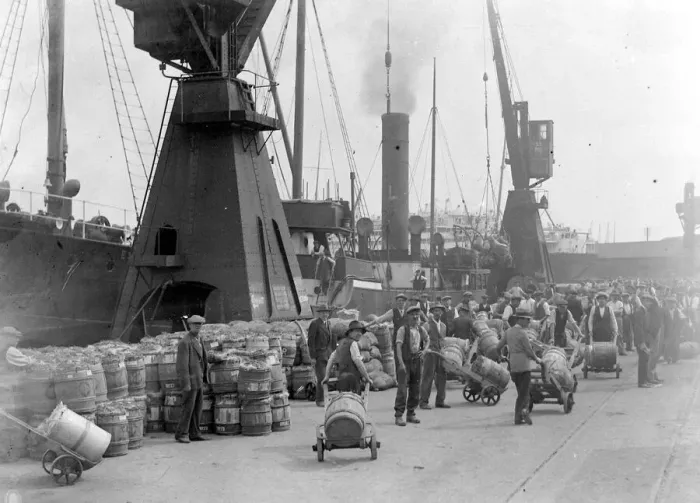 Framed Print : General view at Southampton docks showing potatoes from Jersey being unloaded Framed Print : General view at Southampton docks showing potatoes from Jersey being unloaded