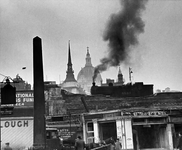 General view towards St Pauls Cathedral in London showing damaged buildings