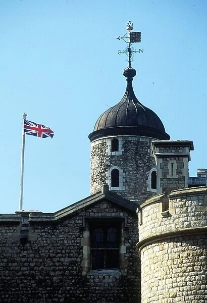 General view of the Tower of London showing a Union Jack Flag