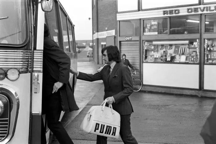 Framed Print : George Best right as he left Old Trafford ground to board the coach on route to Ipswich Framed Print : George Best right as he left Old Trafford ground to board the coach on route to Ipswich