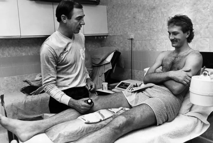 Framed Print : George Dalton, Physiotherapist, Coventry City Football Club, treating player Kevan Smith