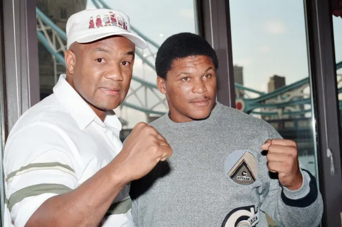 Framed Print : George Foreman pictured with Terry Anderson, they are fighting tomorrow at the London