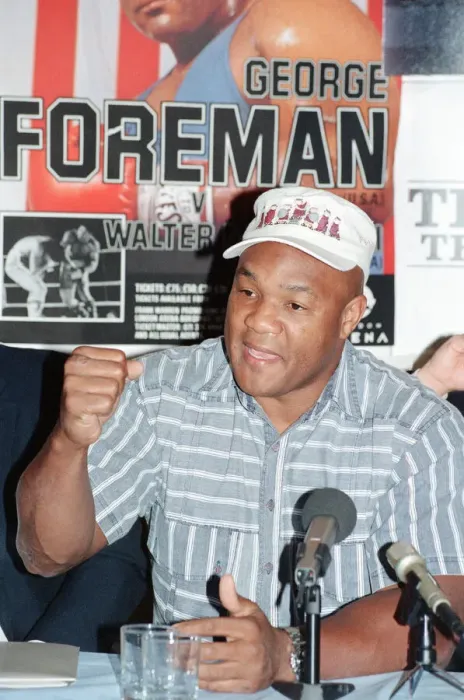Framed Print : George Foreman at a press conference. 19th September 1990 Framed Print : George Foreman at a press conference. 19th September 1990