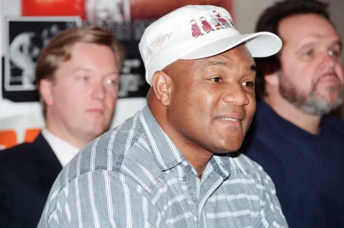 Framed Print : George Foreman at a press conference. 19th September 1990 Framed Print : George Foreman at a press conference. 19th September 1990