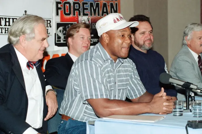 Framed Print : George Foreman at a press conference. 19th September 1990 Framed Print : George Foreman at a press conference. 19th September 1990