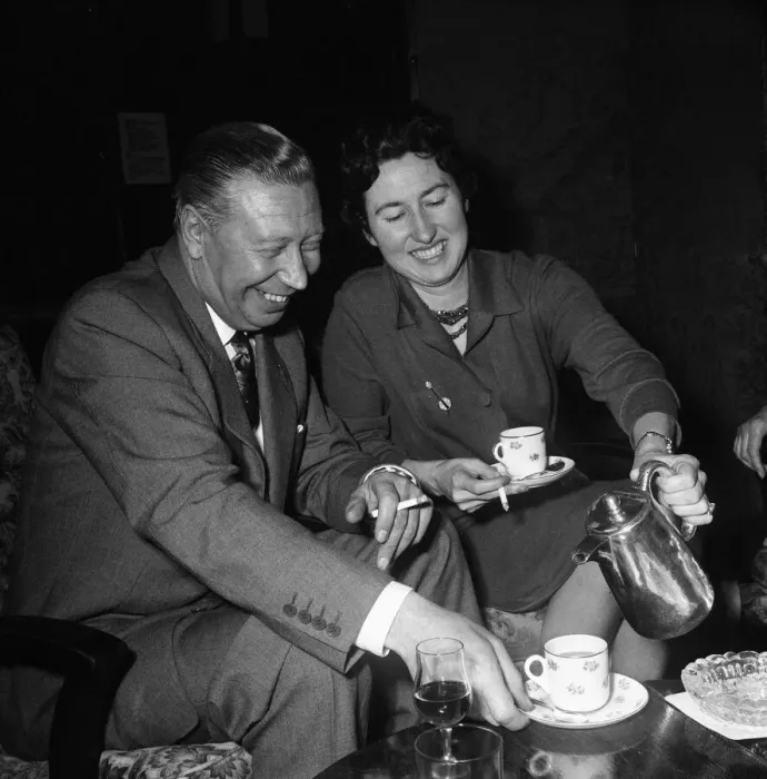 Framed Print : George Formby and fiancee Pat Howsen of Preston. She is wearing the huge solitaire Framed Print : George Formby and fiancee Pat Howsen of Preston. She is wearing the huge solitaire