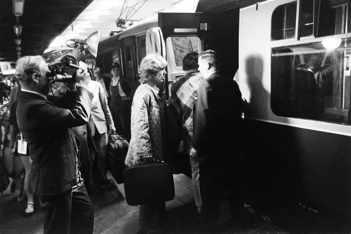 Framed Print : George Harrison boarding the train for Bangor with the Maharishi Yogi on 25 August 1967 Framed Print : George Harrison boarding the train for Bangor with the Maharishi Yogi on 25 August 1967