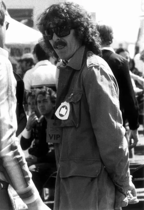 Framed Print : George Harrison at Silverstone watching the British Grand Prix, Silverstone July 1977 Framed Print : George Harrison at Silverstone watching the British Grand Prix, Silverstone July 1977