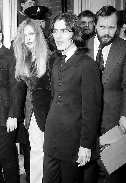 George Harrison with wife Patti Boyd leaves Esher Walton magistrates court March 1969