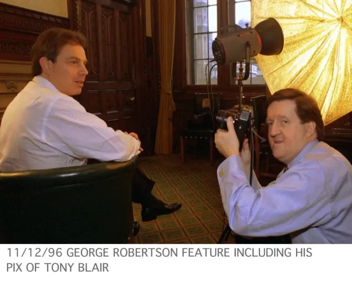 Framed Print : George Robertson MP feature including his picture of Tony Blair sitting in green chair Framed Print : George Robertson MP feature including his picture of Tony Blair sitting in green chair