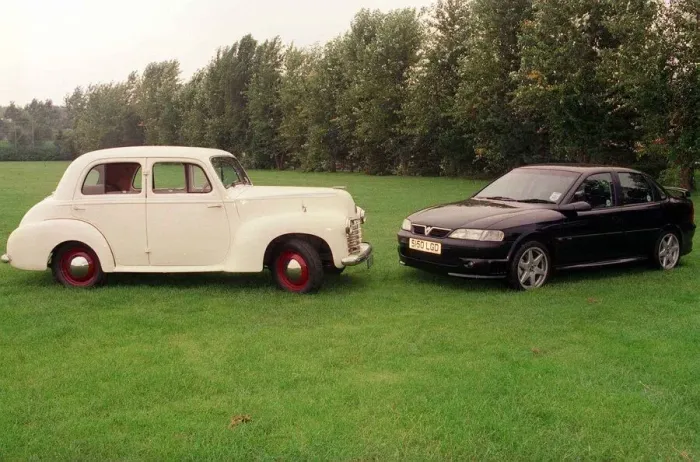 Framed Print : GEORGE SHIELDS 11th September 1998 WITH HIS 1947 VAUXHALL WYVER AND A 1998 VAUXHALL Framed Print : GEORGE SHIELDS 11th September 1998 WITH HIS 1947 VAUXHALL WYVER AND A 1998 VAUXHALL