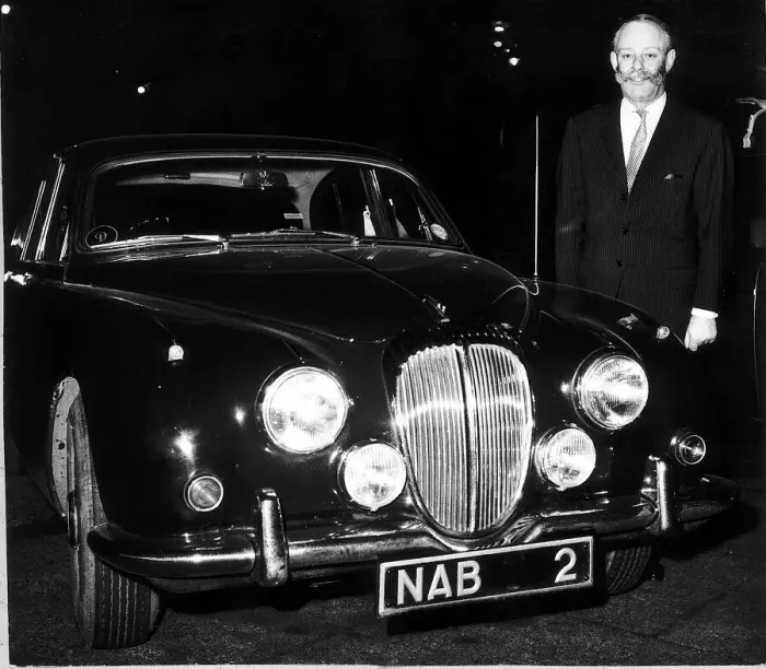 Framed Print : Gerald Nabarro MP with his jaguar car with his own number plate Framed Print : Gerald Nabarro MP with his jaguar car with his own number plate