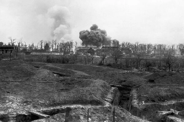 A German ammunition dump set on fire by Canadian shelling during the Battle for Arras