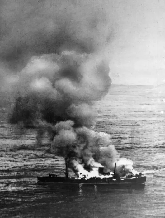 Framed Print : The German blockade runner Alsterufer burning after a Czechoslovak-crewed RAF Liberator Framed Print : The German blockade runner Alsterufer burning after a Czechoslovak-crewed RAF Liberator