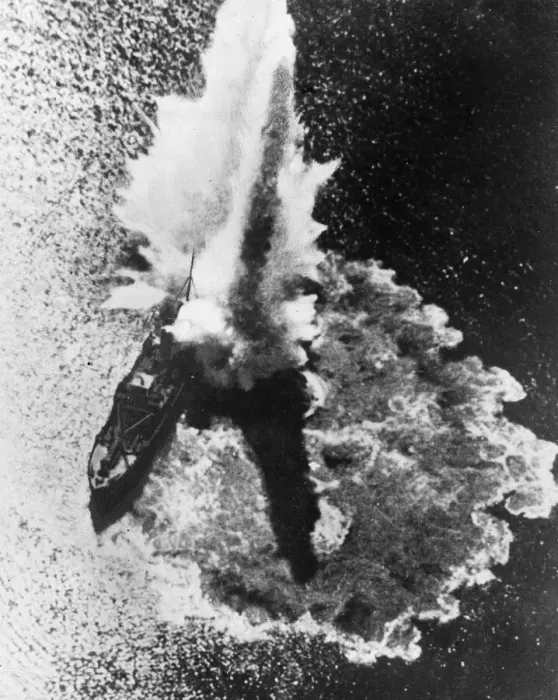 Framed Print : A German bomb explodes on a British ship of the R royal Navy during an engagement in Framed Print : A German bomb explodes on a British ship of the R royal Navy during an engagement in