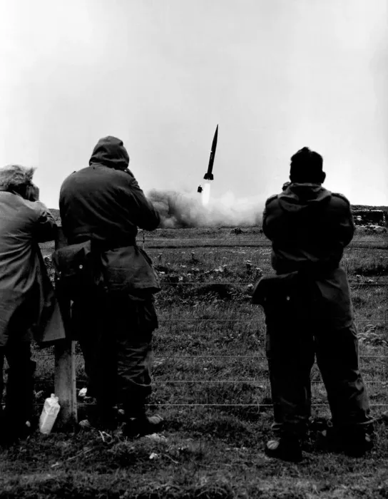 Framed Print : German gunners watch as a Pershing missile is launched from their South Uist base