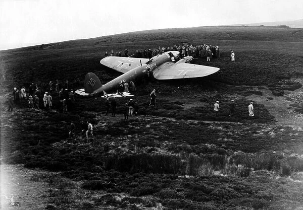 A German Heinkel He 111 medium bomber aircraft, shot down near Edinburgh during World War