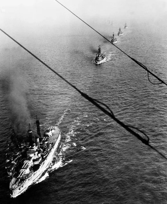 Framed Print : The German High Seas Fleet being escorted to Scapa Flow by a US battleship after Framed Print : The German High Seas Fleet being escorted to Scapa Flow by a US battleship after