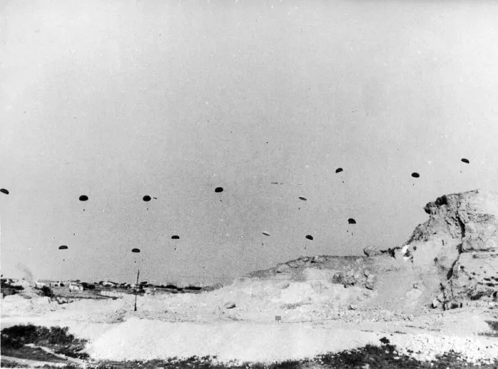 Framed Print : German parachute troops in action landing on the island of Crete