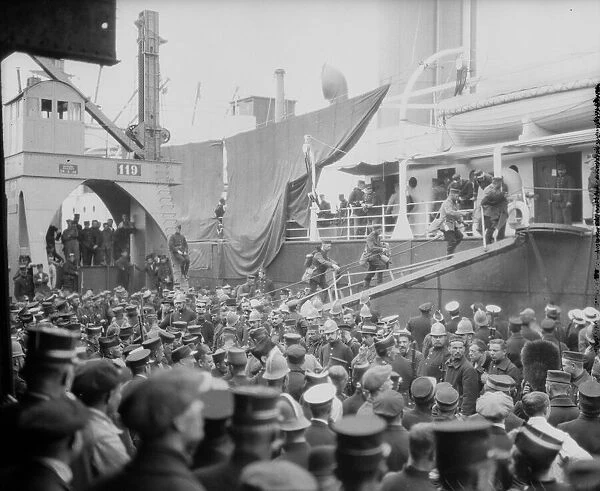German prisoners of war boarding a ship at Antwerp docks for transportation to England