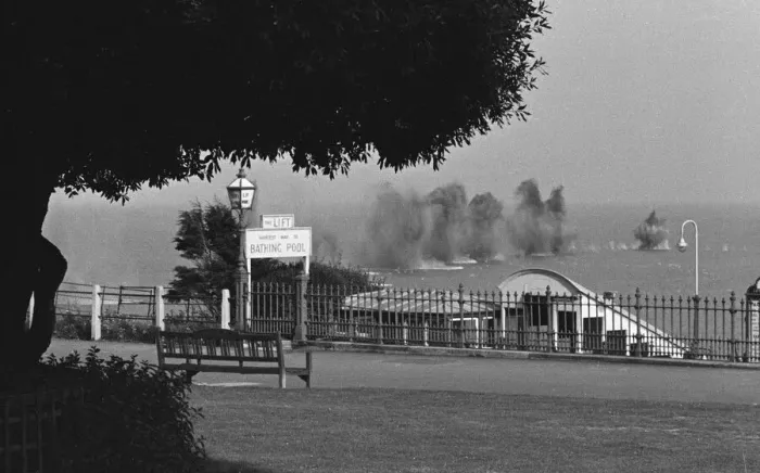 Framed Print : German shells explode harmlessly in the English Channel off the coast at Lea Cliff Framed Print : German shells explode harmlessly in the English Channel off the coast at Lea Cliff