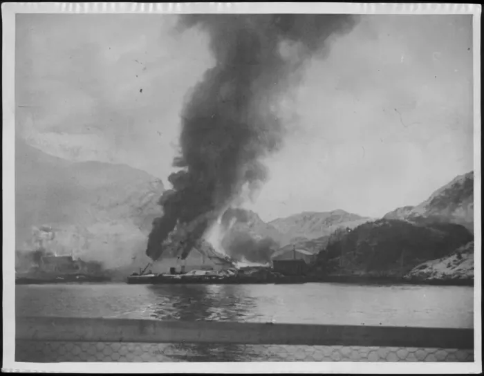 Framed Print : German stores burn on Maloy Island, Norway following a Commando raid on the island that Framed Print : German stores burn on Maloy Island, Norway following a Commando raid on the island that