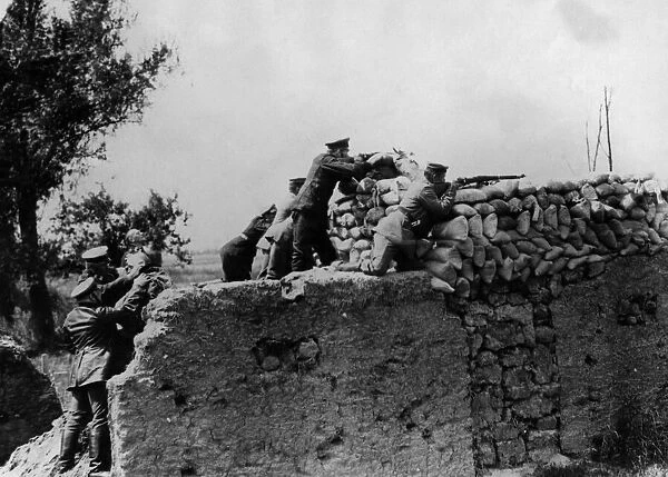 German troops seen here sniping at a Russian patrol from behind a breastworks built of