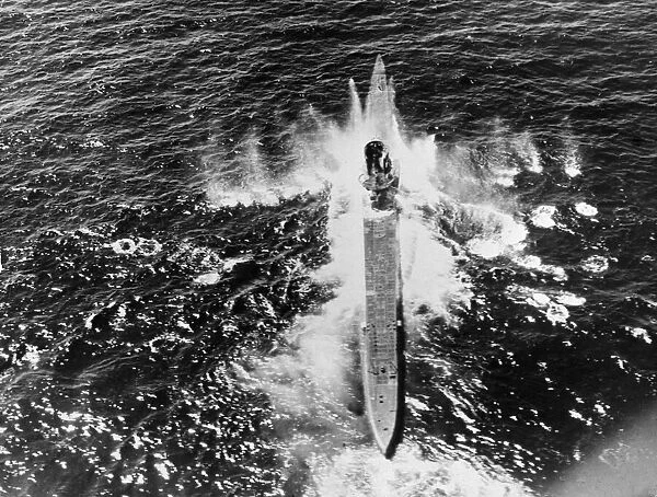 A German U-boat caught in a hail of gunfire and bombs dropped by a Sunderland flying boat