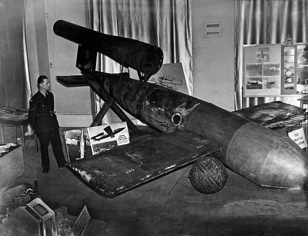 A German V1 Flying Bomb on exhibition in Piccadilly, London. 1st October, 1944