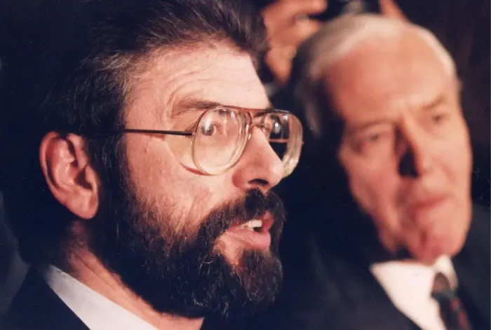 Framed Print : Gerry Adams and Tony Benn at House of Commons press conference - November 1994 Framed Print : Gerry Adams and Tony Benn at House of Commons press conference - November 1994