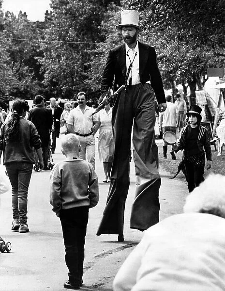 A giant clown, on stilts, at the Tyneside Summer Exhibition. 28th July 1987