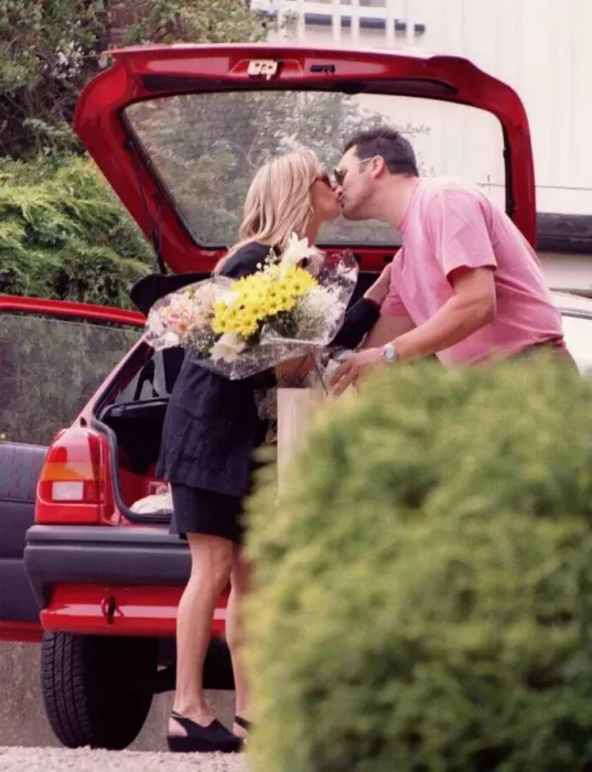 Framed Print : Gillian Taylforth Actress receives a birthday kiss from a man she claims is Roland Framed Print : Gillian Taylforth Actress receives a birthday kiss from a man she claims is Roland