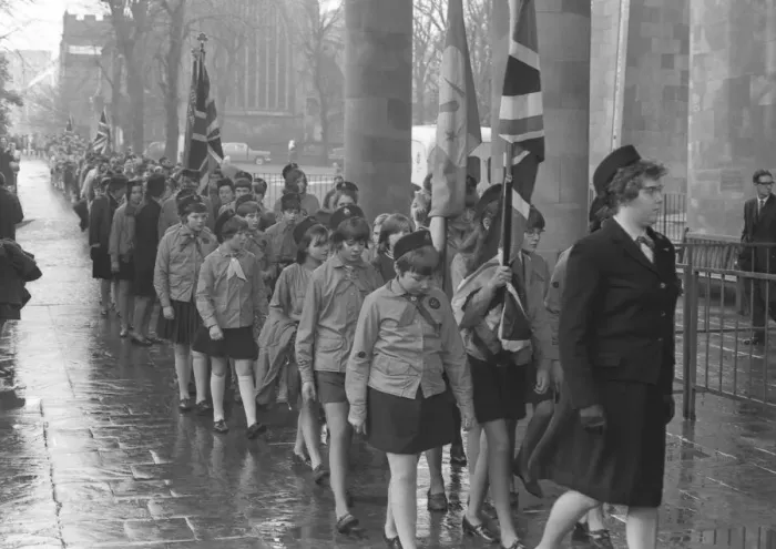 Framed Print : Girl guides arriving in procession at Coventry Cathedral for their annual Thinking Day