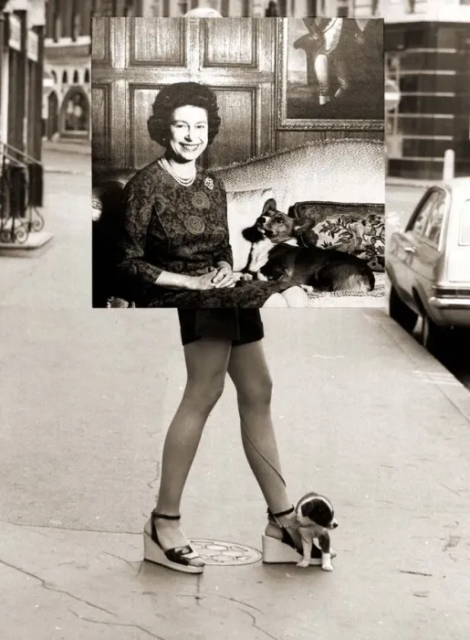 Framed Print : Girl wearing hotpants carrying a photograph of Queen Elizabeth to an exhibition Framed Print : Girl wearing hotpants carrying a photograph of Queen Elizabeth to an exhibition