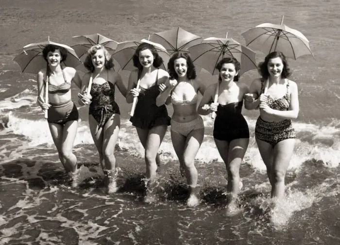 Framed Print : Girls from the show Revels of 1951 splashing in the sea at Sandown Isle of Wight Framed Print : Girls from the show Revels of 1951 splashing in the sea at Sandown Isle of Wight