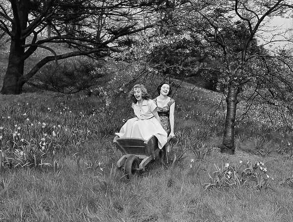 Two girls rolling down the hill in a wheelbarrow on a pleasant Spring day Circa