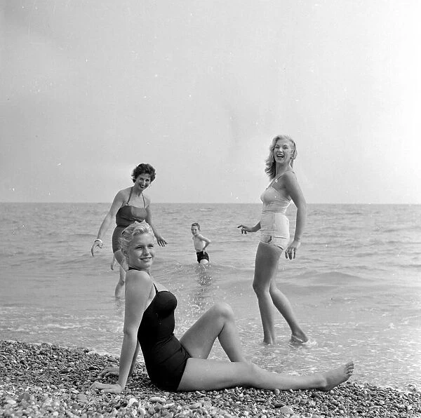 Girls in swimsuits at Hastings. 15th July 1958