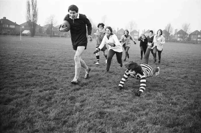 Framed Print : Girls versus boys rugby match between students of North West London Polytechnic Framed Print : Girls versus boys rugby match between students of North West London Polytechnic