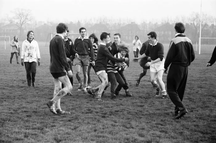 Framed Print : Girls versus boys rugby match between students of North West London Polytechnic Framed Print : Girls versus boys rugby match between students of North West London Polytechnic