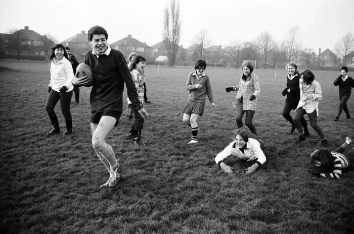 Framed Print : Girls versus boys rugby match between students of North West London Polytechnic Framed Print : Girls versus boys rugby match between students of North West London Polytechnic