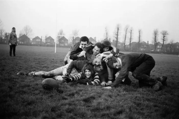 Framed Print : Girls versus boys rugby match between students of North West London Polytechnic Framed Print : Girls versus boys rugby match between students of North West London Polytechnic