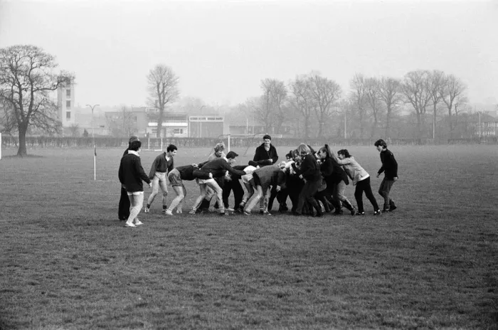 Framed Print : Girls versus boys rugby match between students of North West London Polytechnic Framed Print : Girls versus boys rugby match between students of North West London Polytechnic
