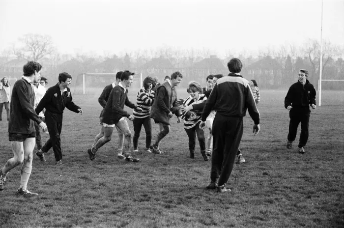 Framed Print : Girls versus boys rugby match between students of North West London Polytechnic Framed Print : Girls versus boys rugby match between students of North West London Polytechnic