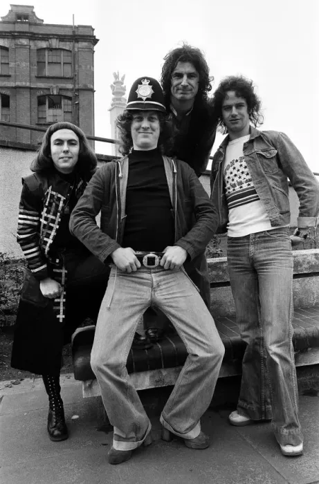 Framed Print : Glam rock group Slade posing for pictures in Birmingham City Centre. 25th March 1977 Framed Print : Glam rock group Slade posing for pictures in Birmingham City Centre. 25th March 1977