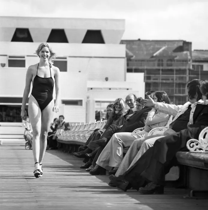 Framed Print : Glamour: Beach Fashion at Blackpool. March 1975 75-1705-004 Framed Print : Glamour: Beach Fashion at Blackpool. March 1975 75-1705-004