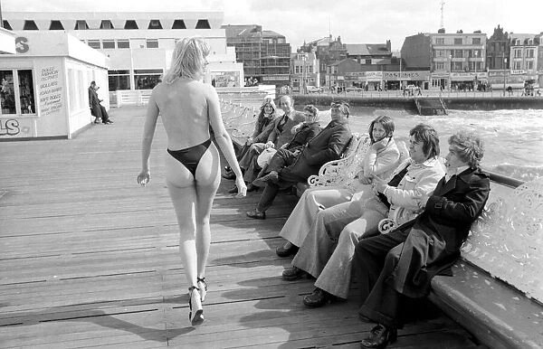 Glamour: Beach Fashion at Blackpool. March 1975 75-1705