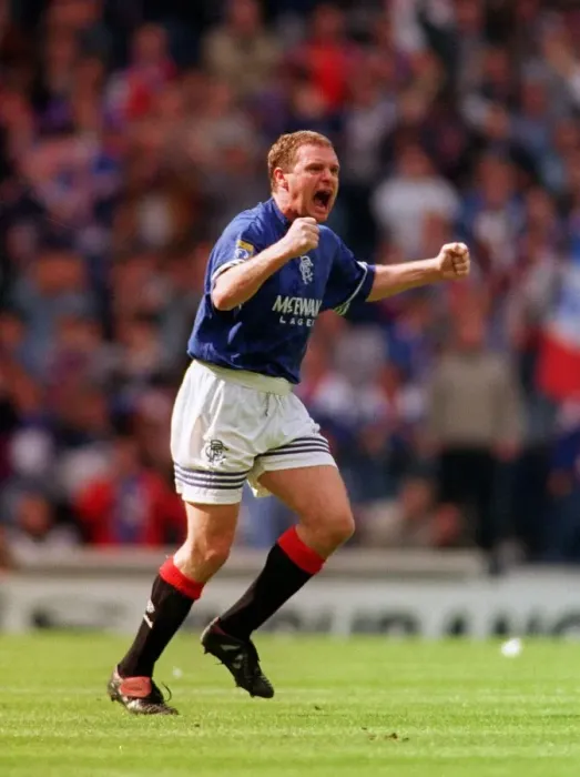 Framed Print : Glasgow Rangers footballer Paul Gascoigne celebrates after scoring one of his three goals