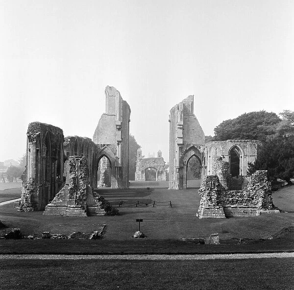 Glastonbury Abbey in Somerset, old ruined building. 22nd September 1966