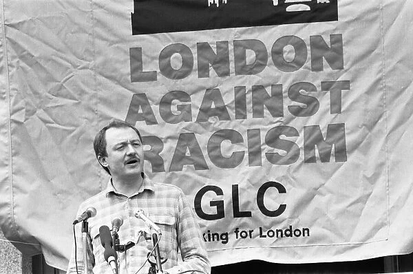 GLC leader Ken Livingstone addressing the crowd at the GLC London Against Racism rally